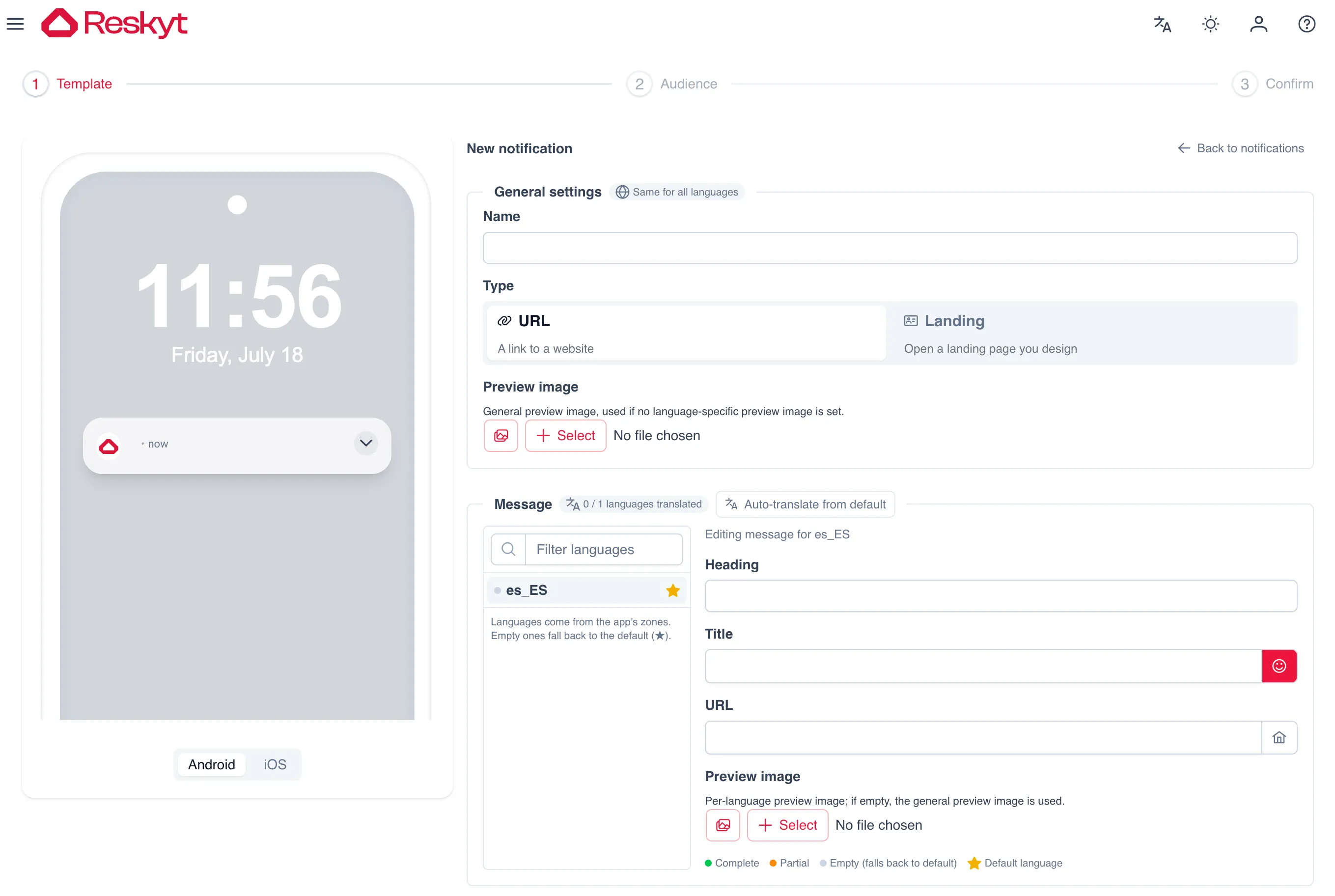 Notification creation screen in the Reskyt backoffice, with the general settings, the message per language and the preview on the phone